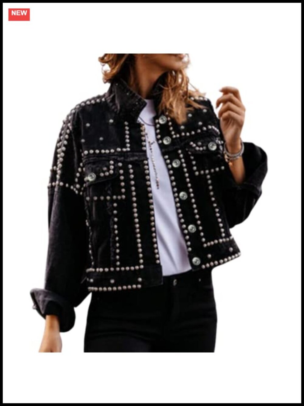 Studded Denim Jacket Frayed Cropped Western Trucker Jean Coat Women